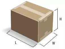 Cardboard shipping box with dimension measurements for international delivery